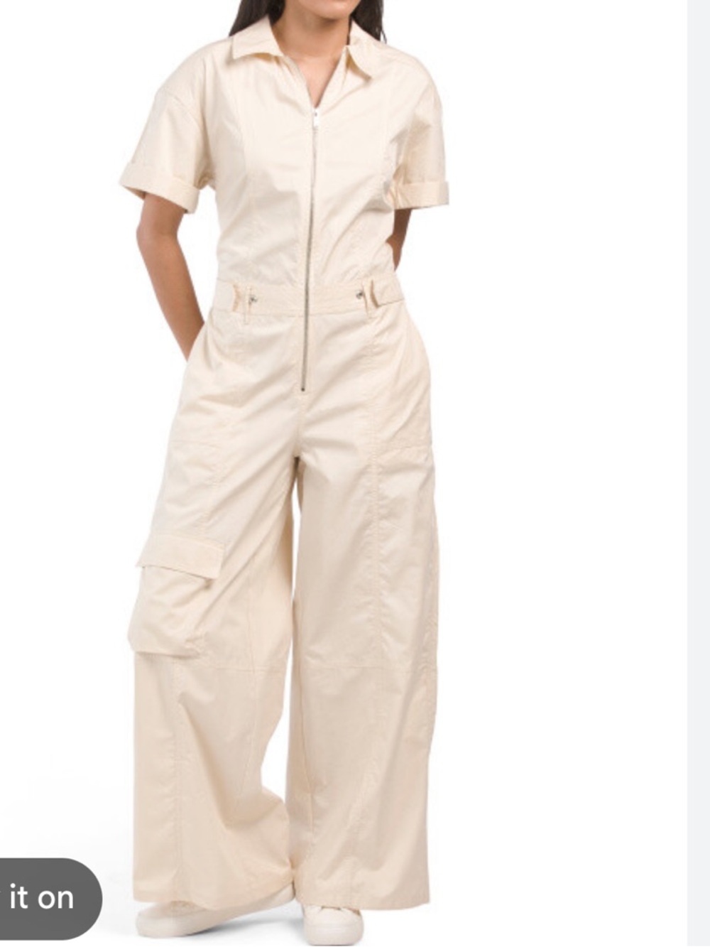 Zara Cream Short-Sleeve Wide-Leg Utility Jumpsuit